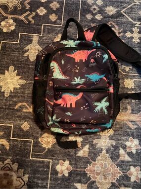 Kids Dinosaur Print Backpack - Navy with Coral & Teal Accents